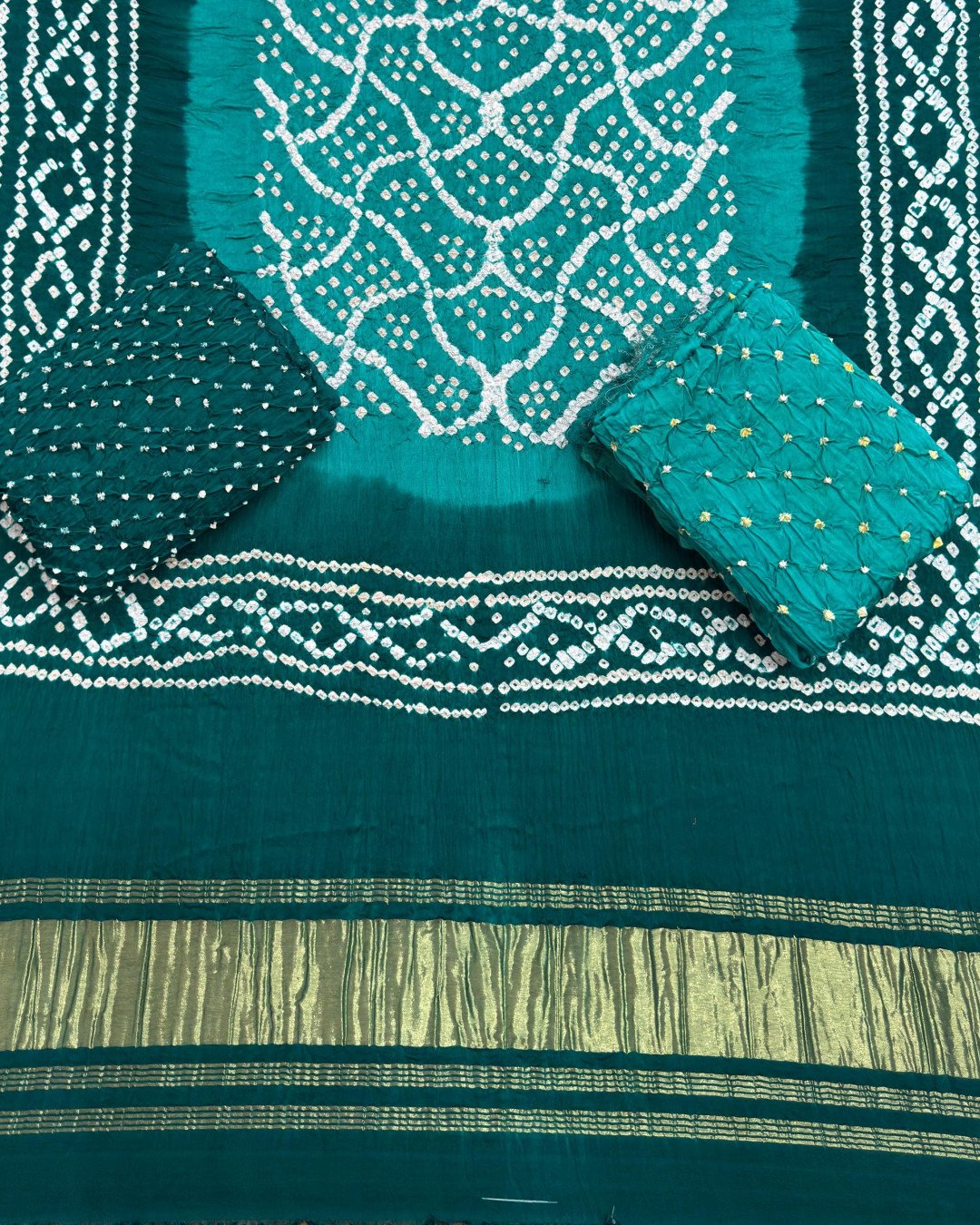 TAS Auto Crop Lower - Premium Multi-Color Bandhej Zari Pallu 3-Piece Suit 04