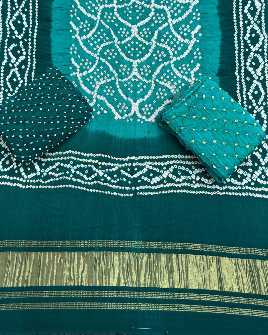 TAS Auto Crop Lower - Premium Multi-Color Bandhej Zari Pallu 3-Piece Suit 04