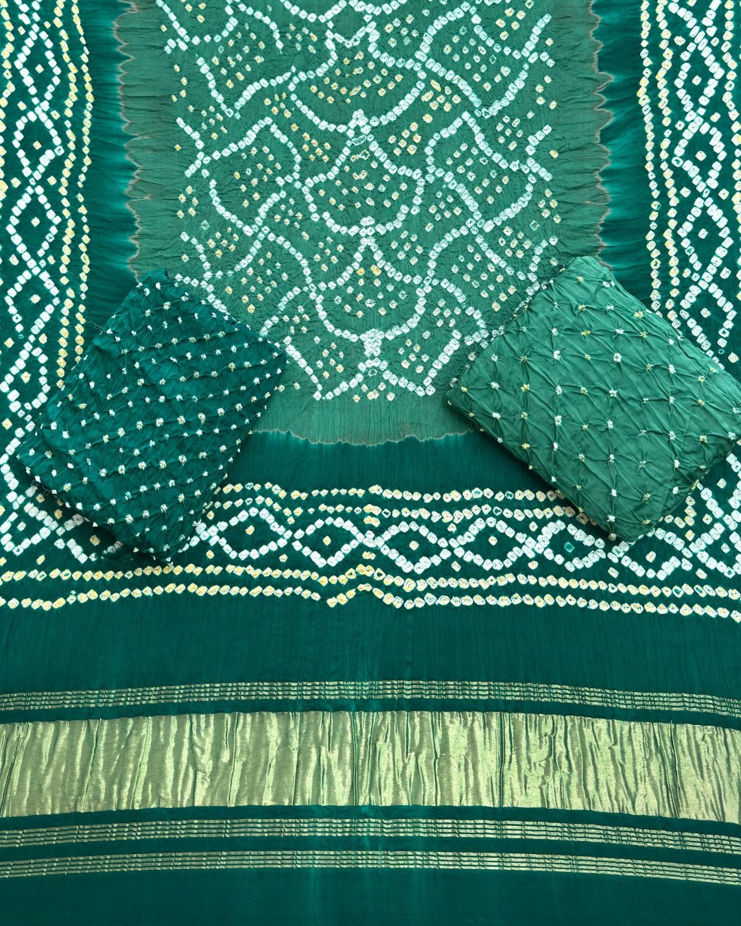 TAS Auto Crop Lower - Premium Multi-Color Bandhej Zari Pallu 3-Piece Suit 07
