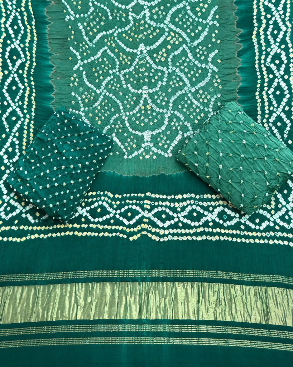 TAS Auto Crop Lower - Premium Multi-Color Bandhej Zari Pallu 3-Piece Suit 07
