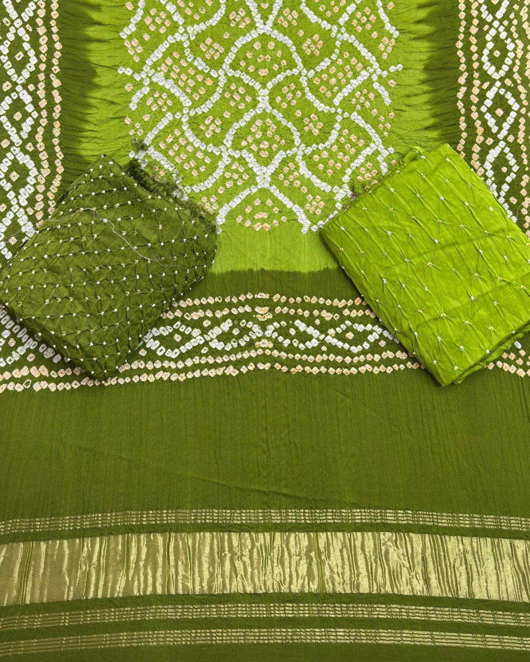TAS Auto Crop Lower - Premium Multi-Color Bandhej Zari Pallu 3-Piece Suit 08
