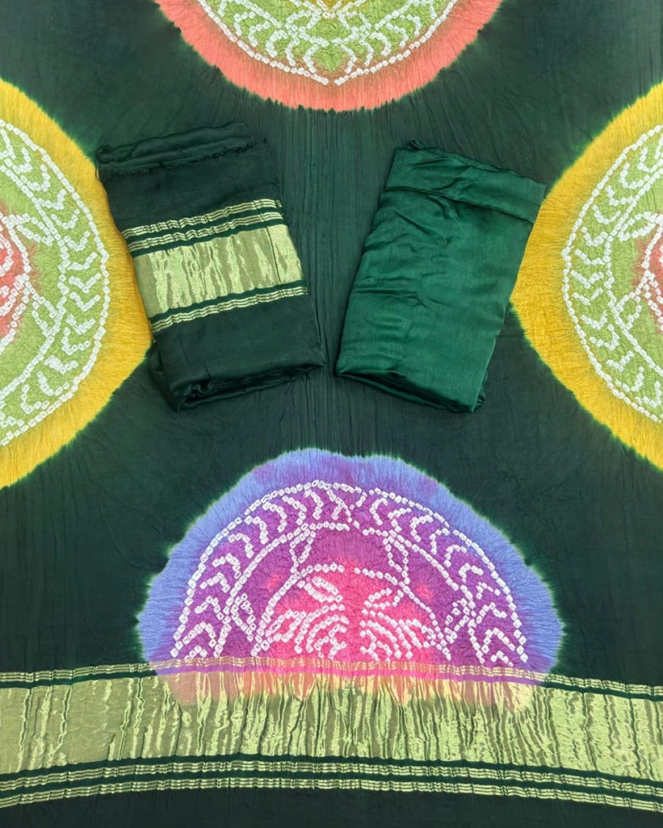 TAS Auto Crop Lower - Modal Silk Bandhani Multi Color Zari Pallu Suit 01