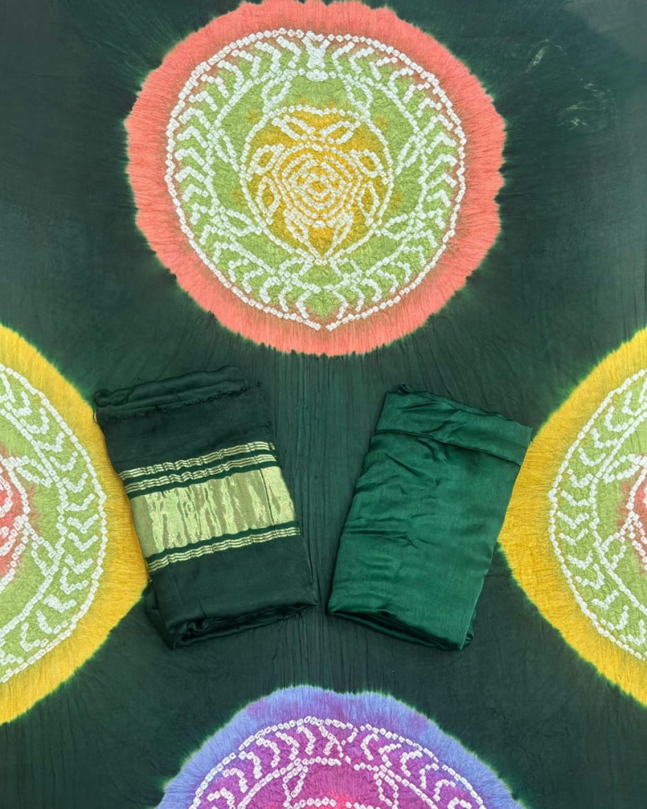 TAS Auto Crop Upper - Modal Silk Bandhani Multi Color Zari Pallu Suit 01