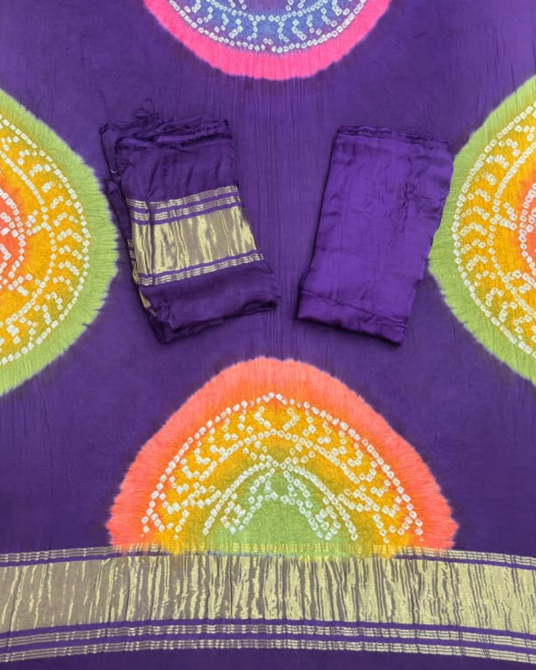 TAS Auto Crop Lower - Modal Silk Bandhani Multi Color Zari Pallu Suit 02