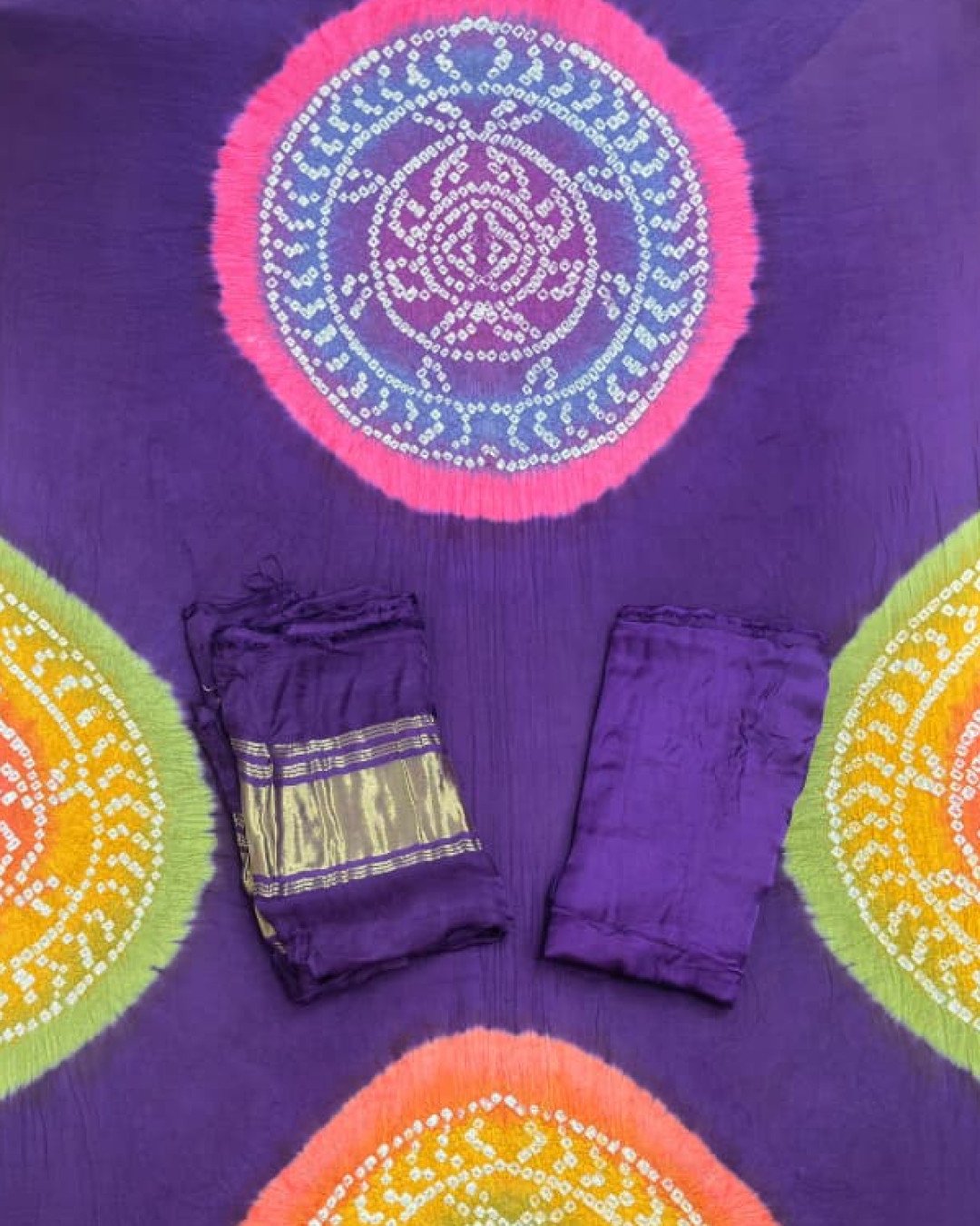 TAS Auto Crop Upper - Modal Silk Bandhani Multi Color Zari Pallu Suit 02