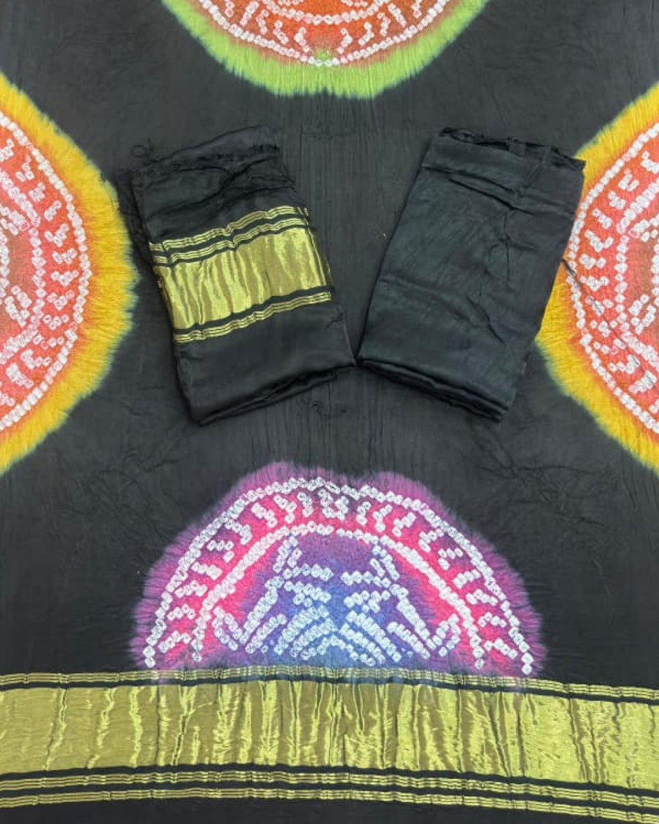 TAS Auto Crop Lower - Modal Silk Bandhani Multi Color Zari Pallu Suit 04