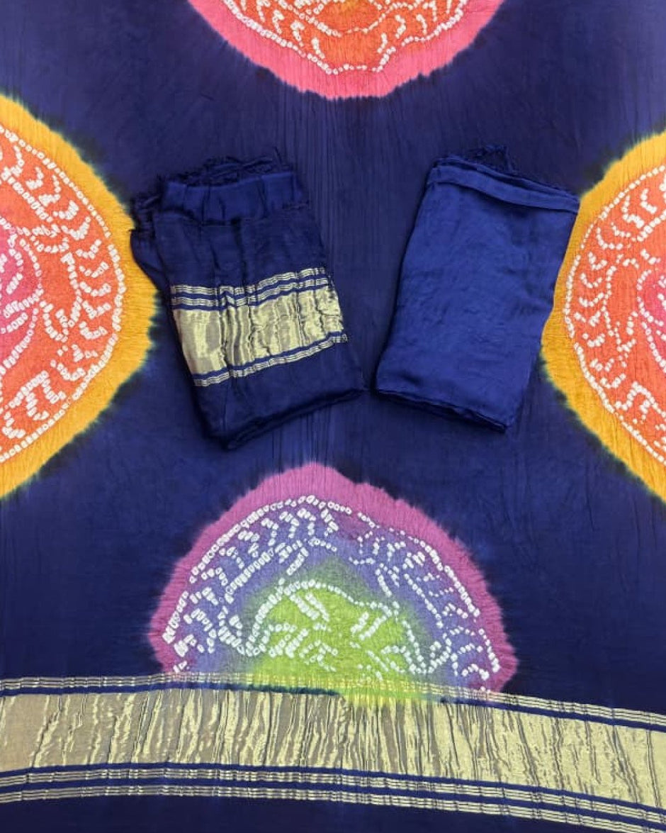 TAS Auto Crop Lower - Modal Silk Bandhani Multi Color Zari Pallu Suit 05