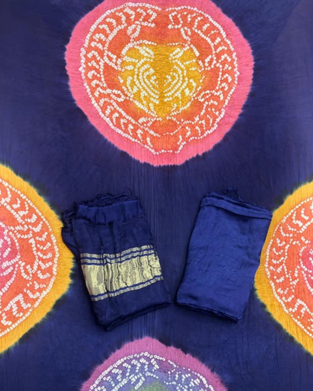 TAS Auto Crop Upper - Modal Silk Bandhani Multi Color Zari Pallu Suit 05