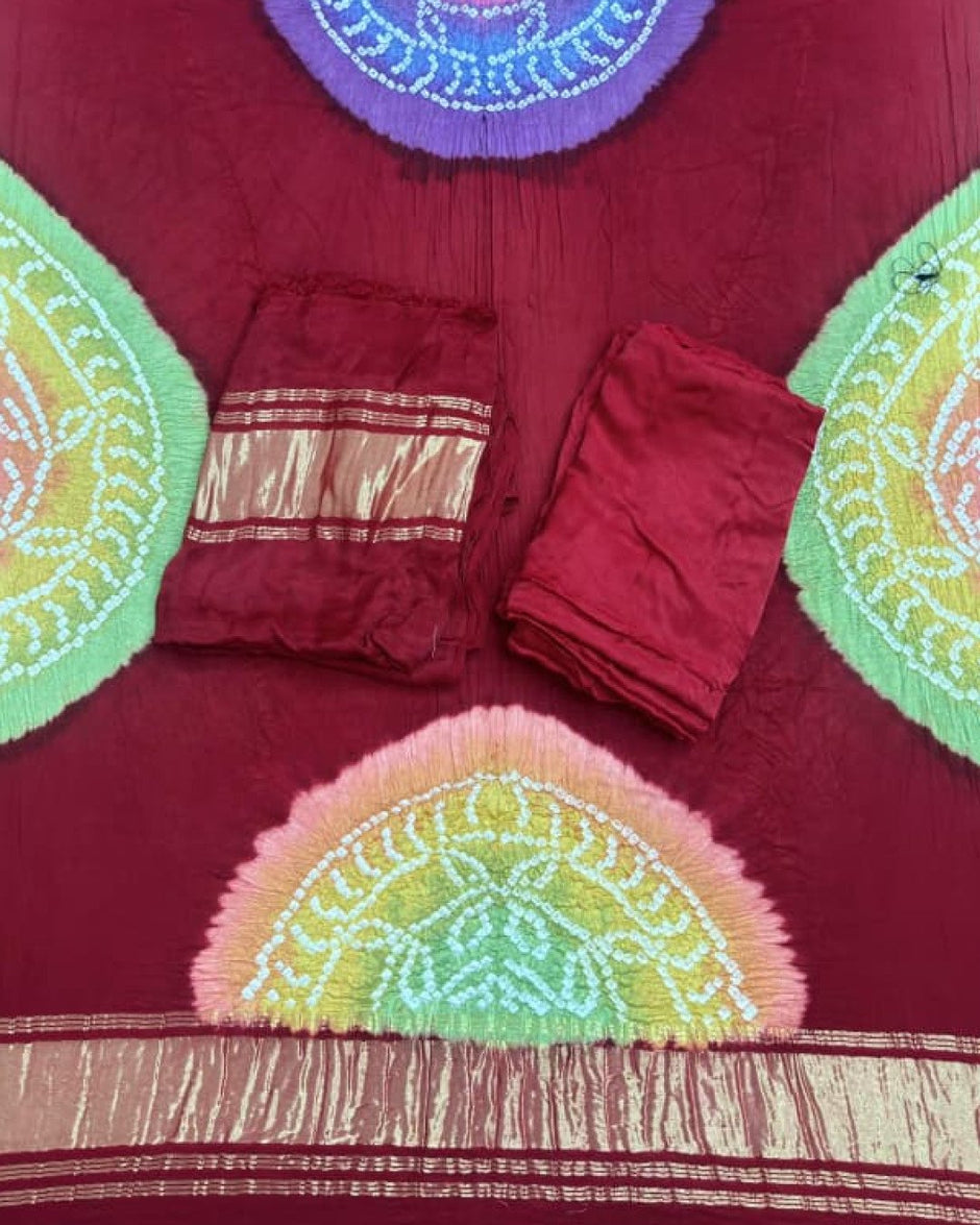 TAS Auto Crop Lower - Modal Silk Bandhani Multi Color Zari Pallu Suit 06