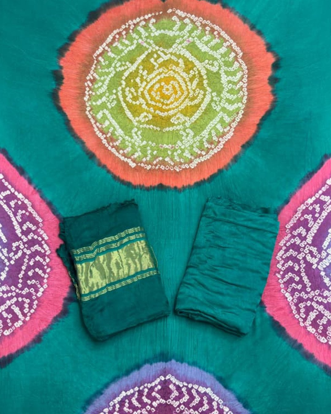 TAS Auto Crop Upper - Modal Silk Bandhani Multi Color Zari Pallu Suit 08
