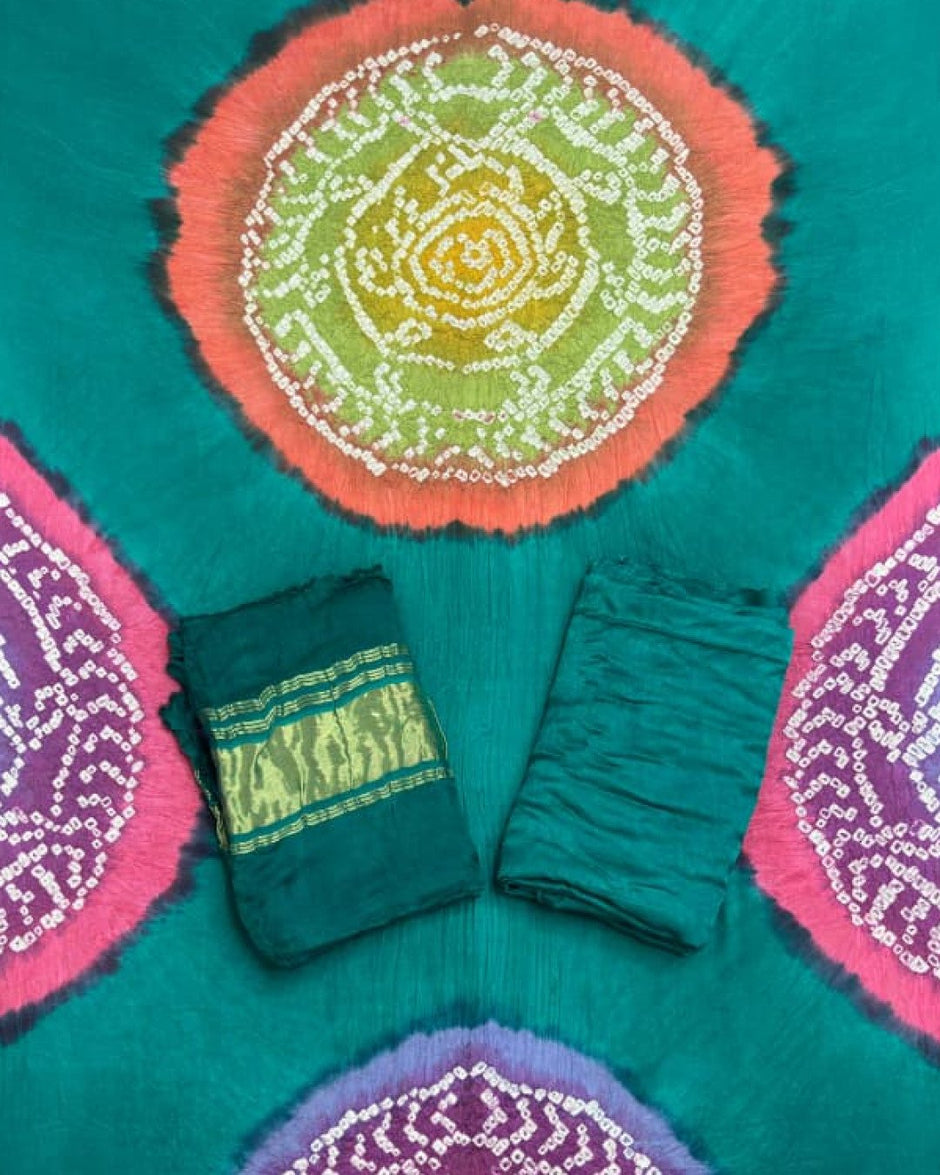 TAS Auto Crop Upper - Modal Silk Bandhani Multi Color Zari Pallu Suit 08