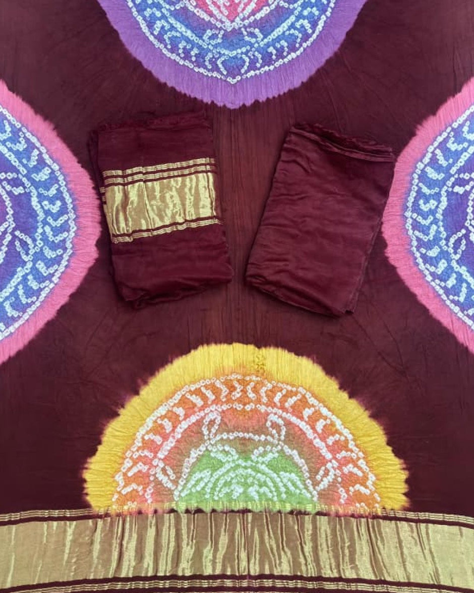 TAS Auto Crop Lower - Modal Silk Bandhani Multi Color Zari Pallu Suit 09