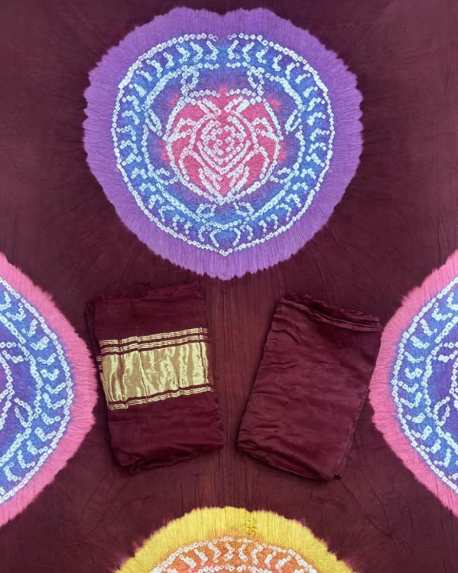 TAS Auto Crop Upper - Modal Silk Bandhani Multi Color Zari Pallu Suit 09