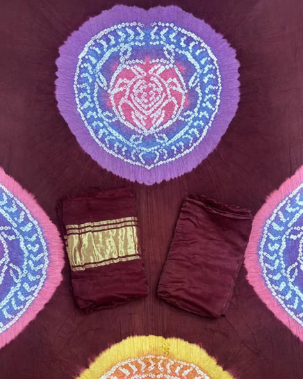 TAS Auto Crop Upper - Modal Silk Bandhani Multi Color Zari Pallu Suit 09