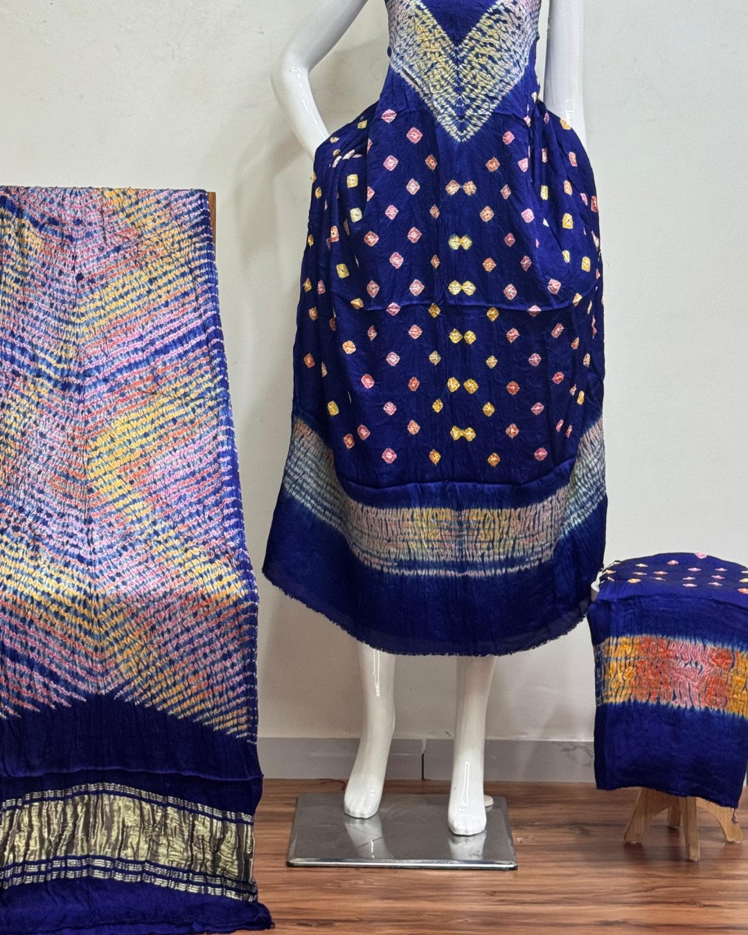 TAS Auto Crop Lower - Premium Modal Silk Shibori Multi-Color Bandhej 3-Piece Suit 01