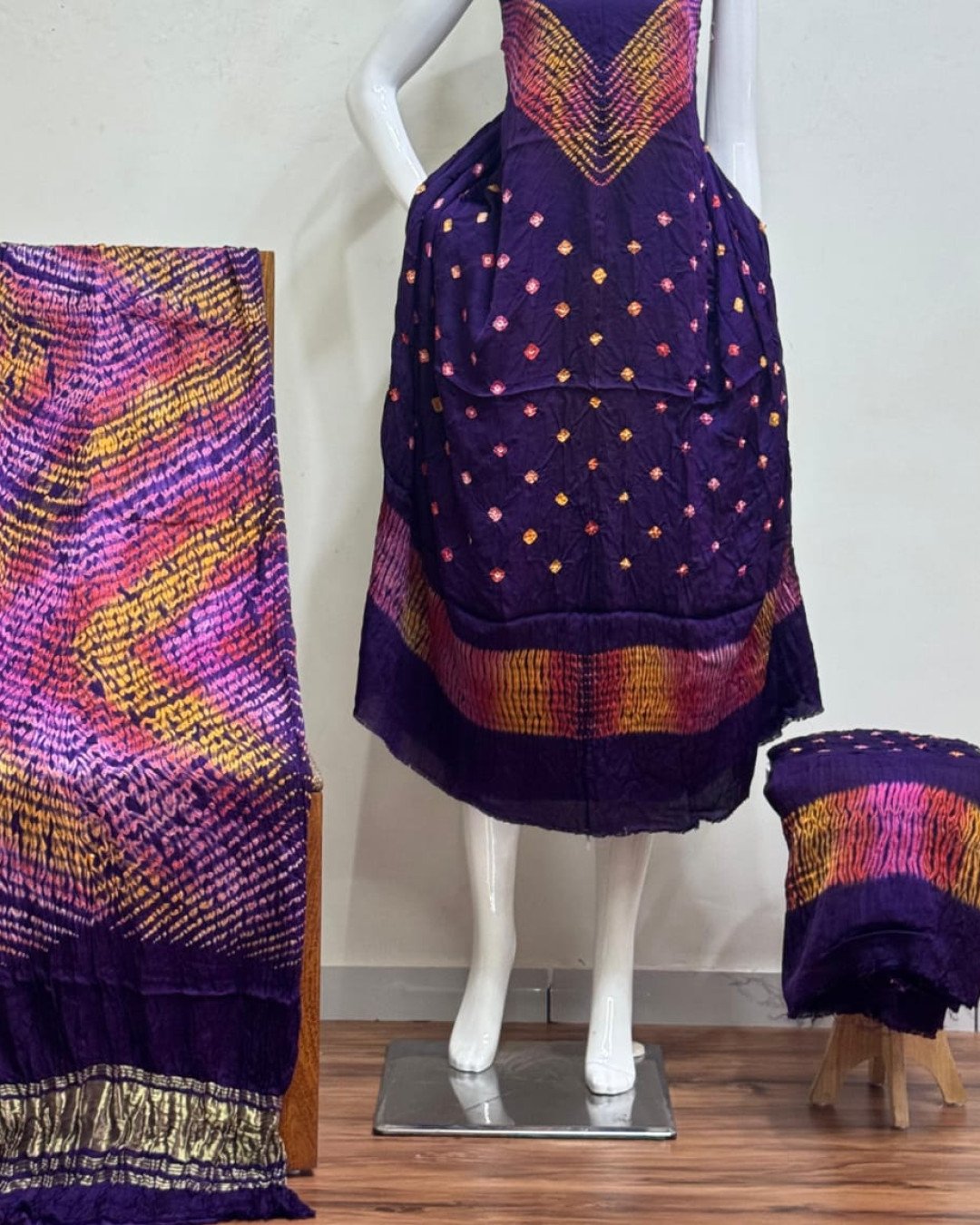 TAS Auto Crop Lower - Premium Modal Silk Shibori Multi-Color Bandhej 3-Piece Suit 13