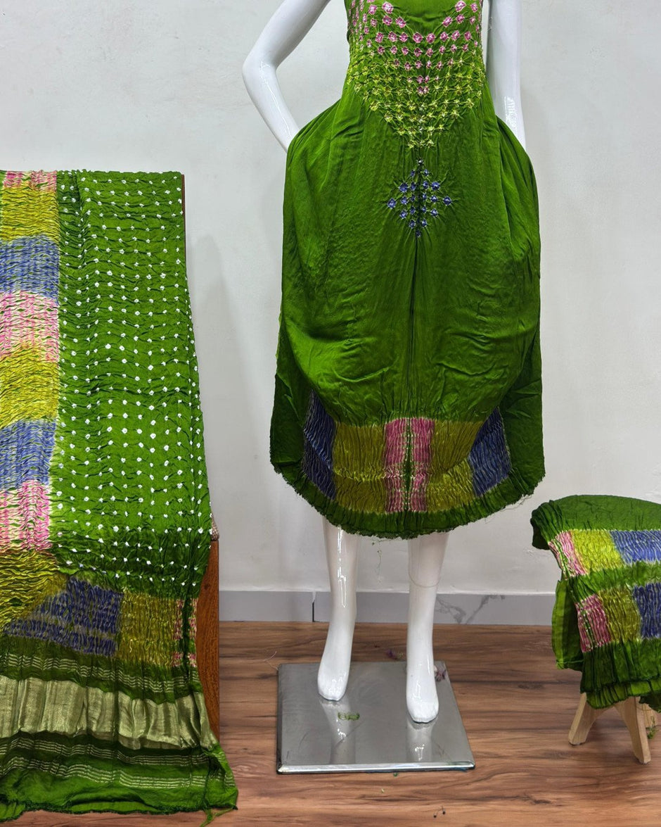 TAS Auto Crop Lower - Modal Silk Bandhani Multi Bandhej Neck Shibori Daman Suit 01