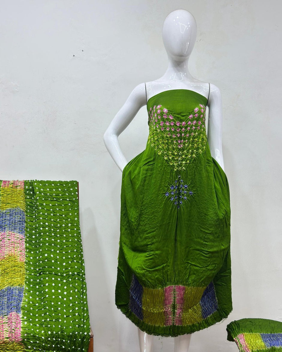 TAS Auto Crop Upper - Modal Silk Bandhani Multi Bandhej Neck Shibori Daman Suit 01
