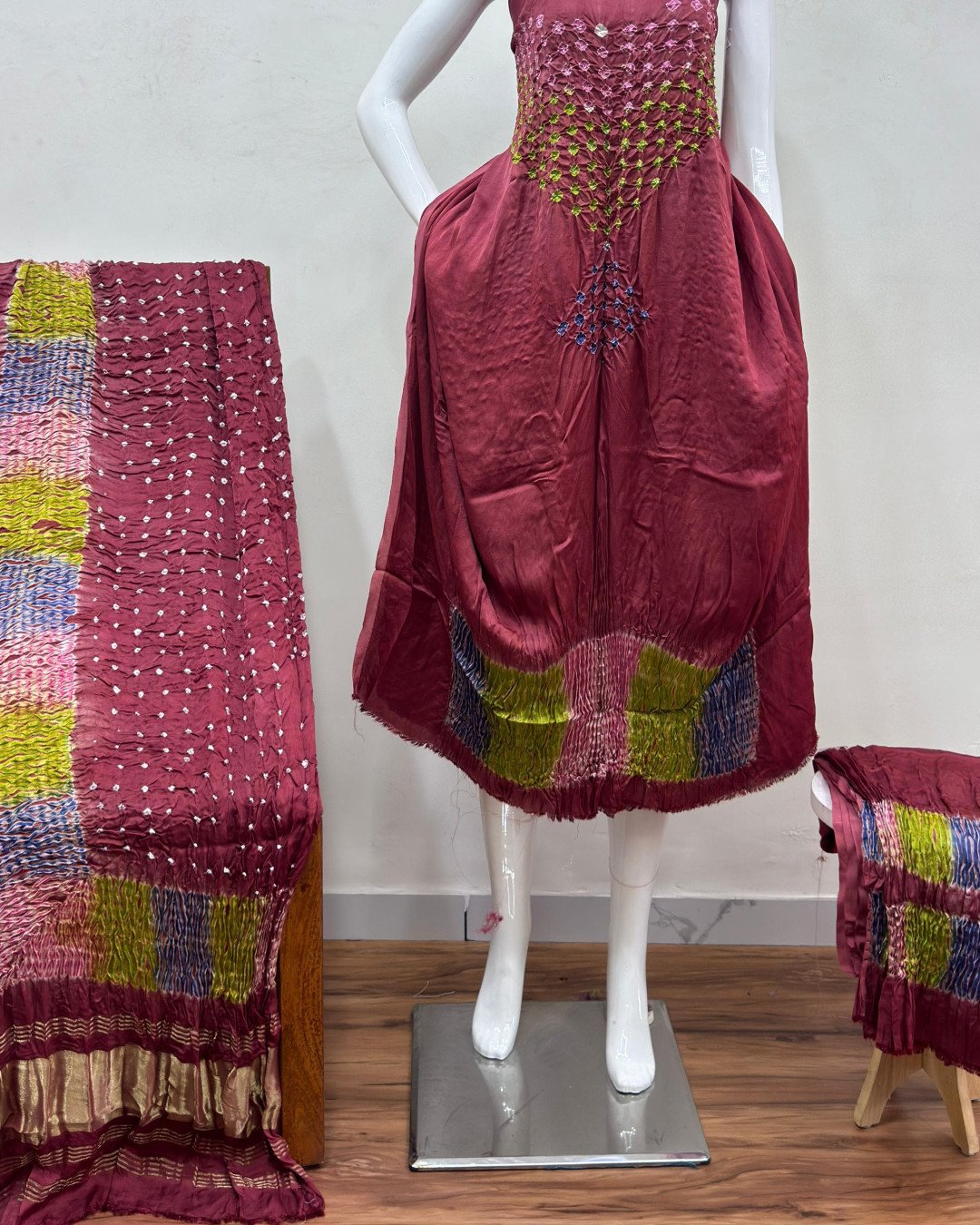 TAS Auto Crop Lower - Modal Silk Bandhani Multi Bandhej Neck Shibori Daman Suit 02