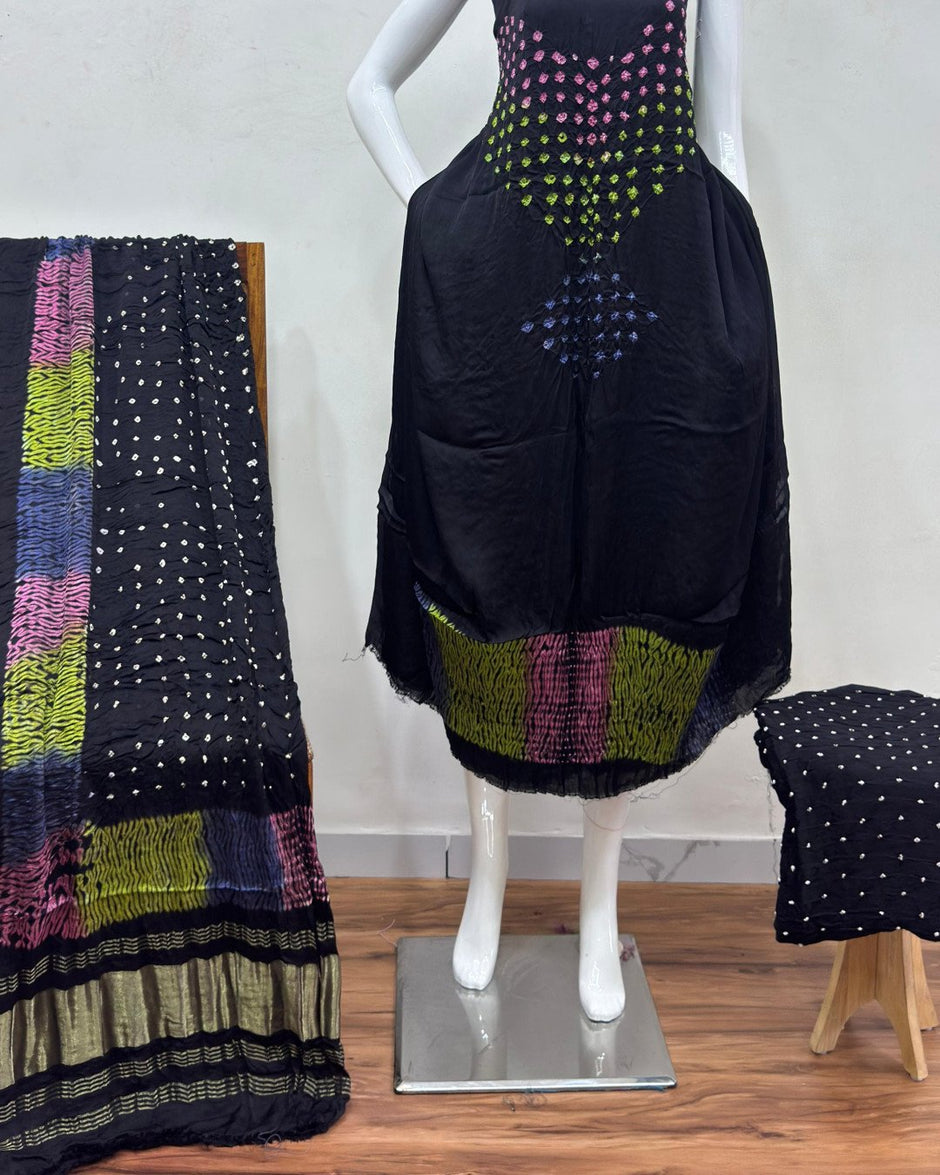 TAS Auto Crop Lower - Modal Silk Bandhani Multi Bandhej Neck Shibori Daman Suit 03