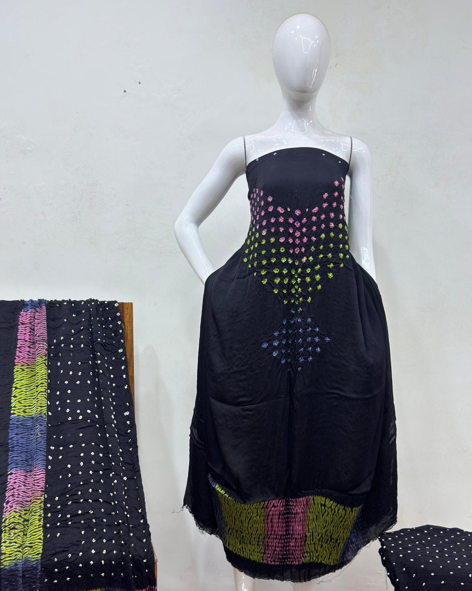 TAS Auto Crop Upper - Modal Silk Bandhani Multi Bandhej Neck Shibori Daman Suit 03