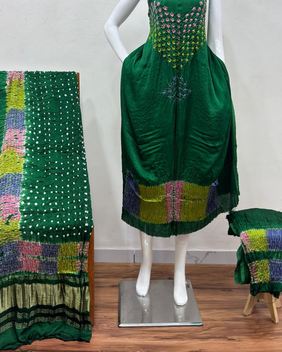 TAS Auto Crop Lower - Modal Silk Bandhani Multi Bandhej Neck Shibori Daman Suit 04