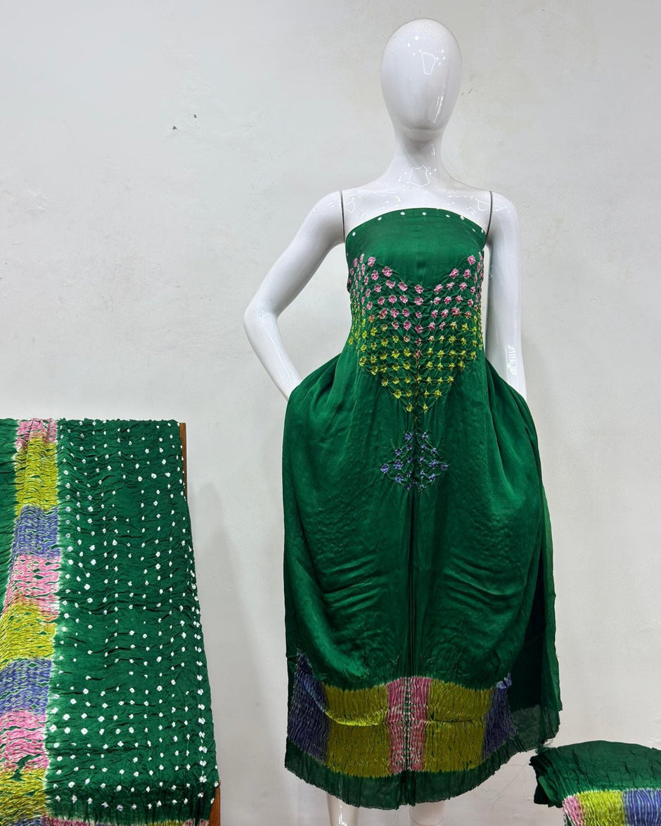 TAS Auto Crop Upper - Modal Silk Bandhani Multi Bandhej Neck Shibori Daman Suit 04