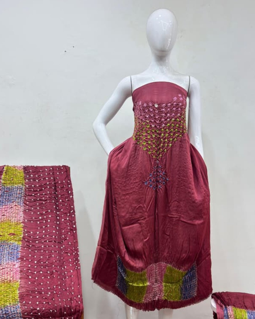 TAS Auto Crop Upper - Modal Silk Bandhani Multi Bandhej Neck Shibori Daman Suit 05