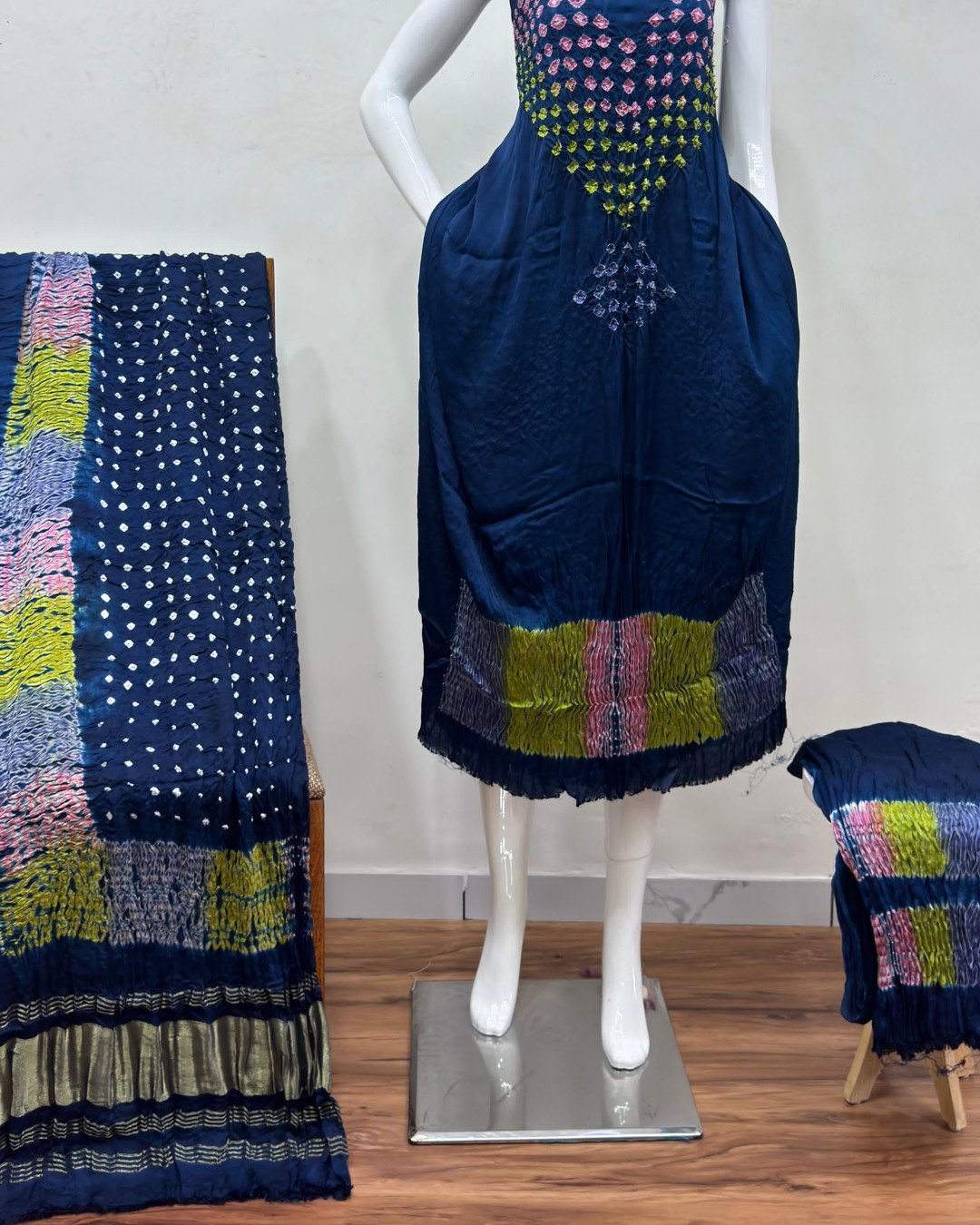 TAS Auto Crop Lower - Modal Silk Bandhani Multi Bandhej Neck Shibori Daman Suit 08