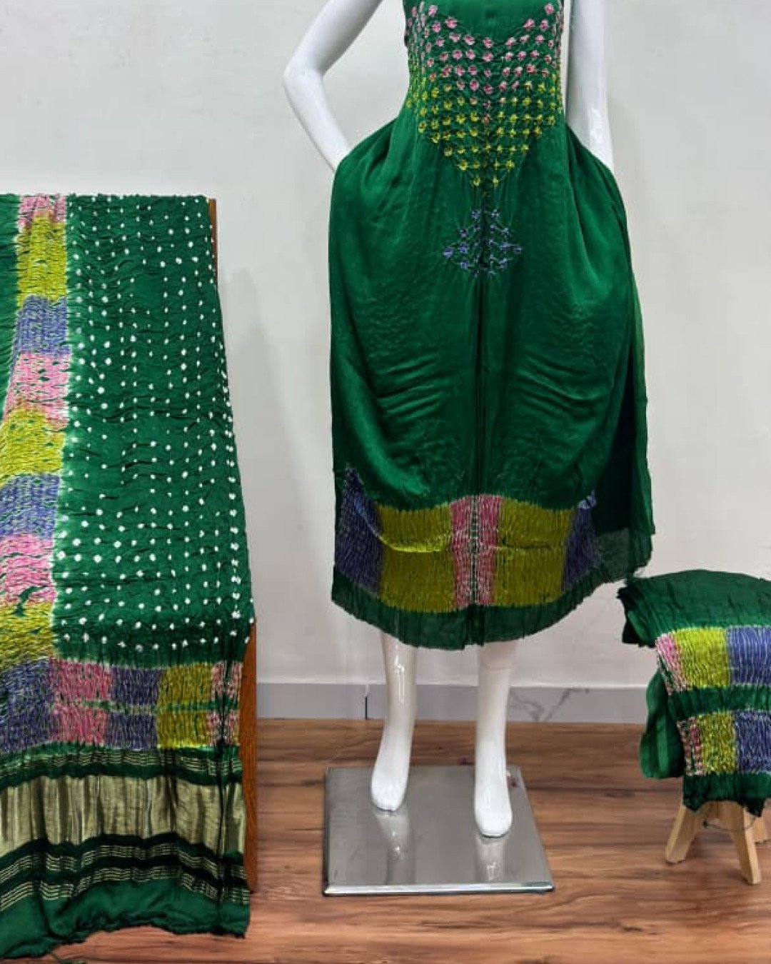 TAS Auto Crop Lower - Modal Silk Bandhani Multi Bandhej Neck Shibori Daman Suit 09