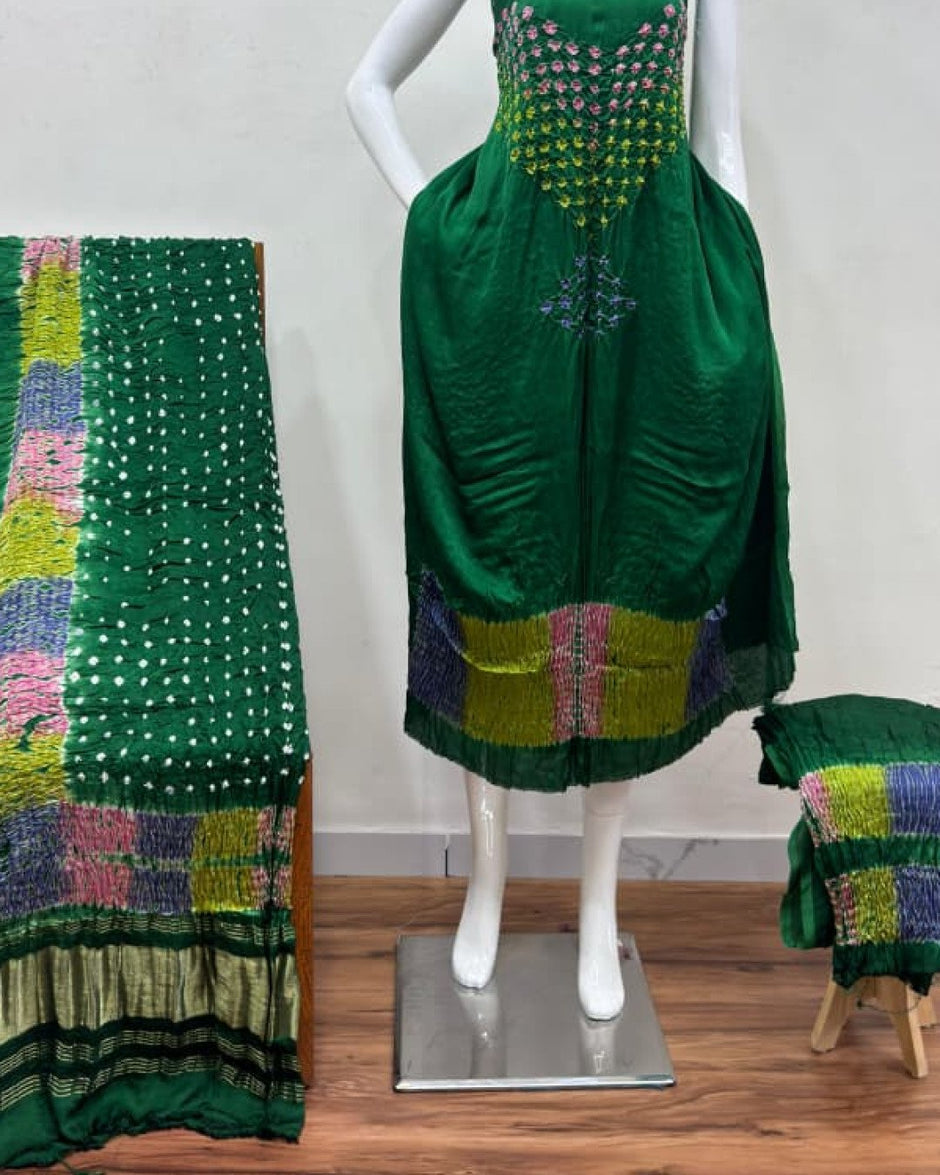 TAS Auto Crop Lower - Modal Silk Bandhani Multi Bandhej Neck Shibori Daman Suit 09