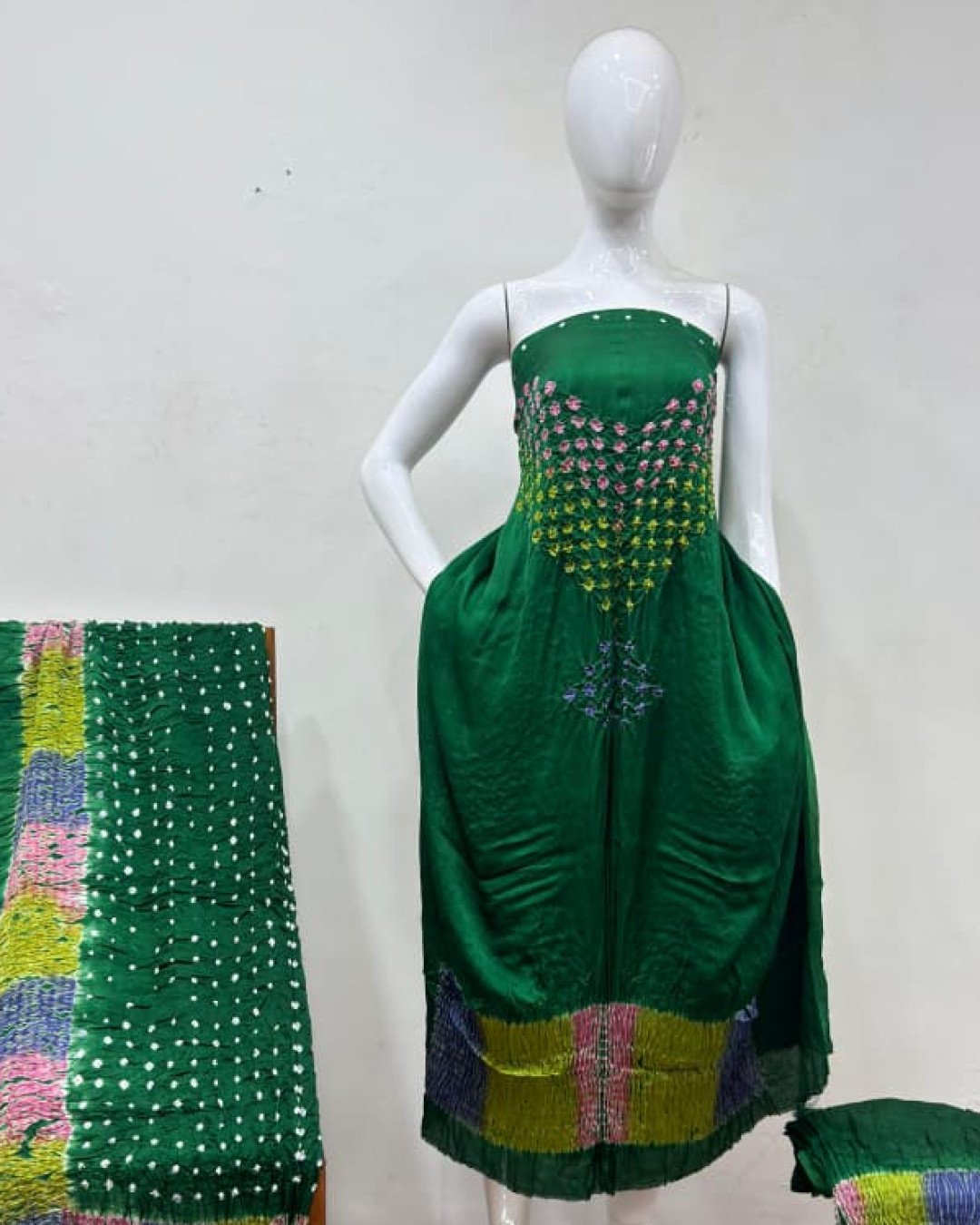 TAS Auto Crop Upper - Modal Silk Bandhani Multi Bandhej Neck Shibori Daman Suit 09