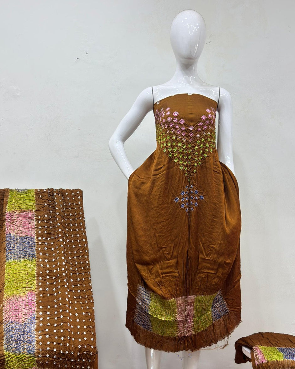 TAS Auto Crop Upper - Modal Silk Bandhani Multi Bandhej Neck Shibori Daman Suit 11