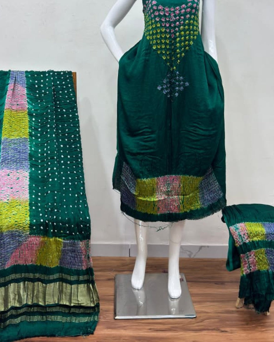 TAS Auto Crop Lower - Modal Silk Bandhani Multi Bandhej Neck Shibori Daman Suit 13
