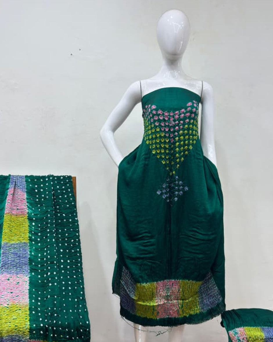 TAS Auto Crop Upper - Modal Silk Bandhani Multi Bandhej Neck Shibori Daman Suit 13