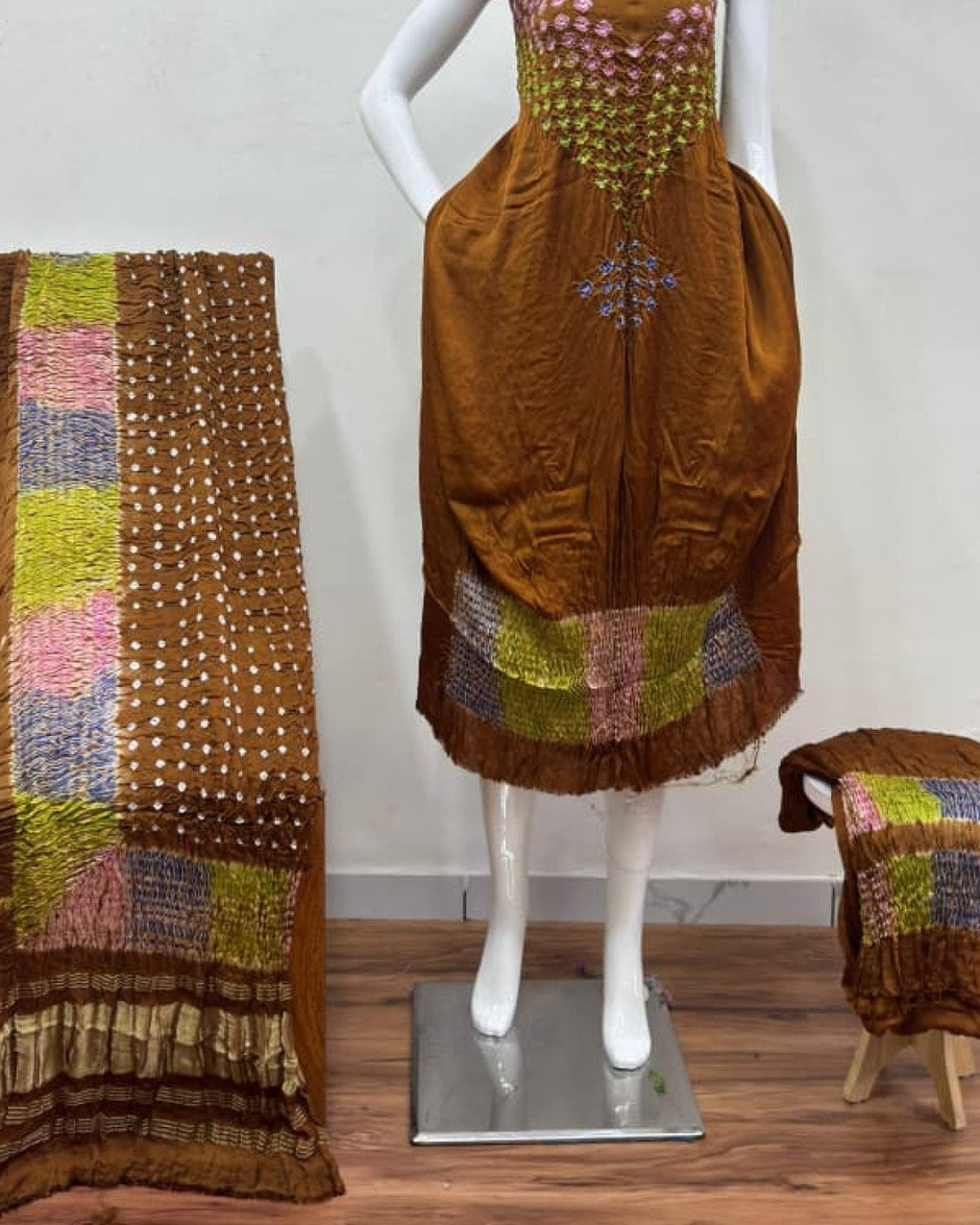 TAS Auto Crop Lower - Modal Silk Bandhani Multi Bandhej Neck Shibori Daman Suit 15