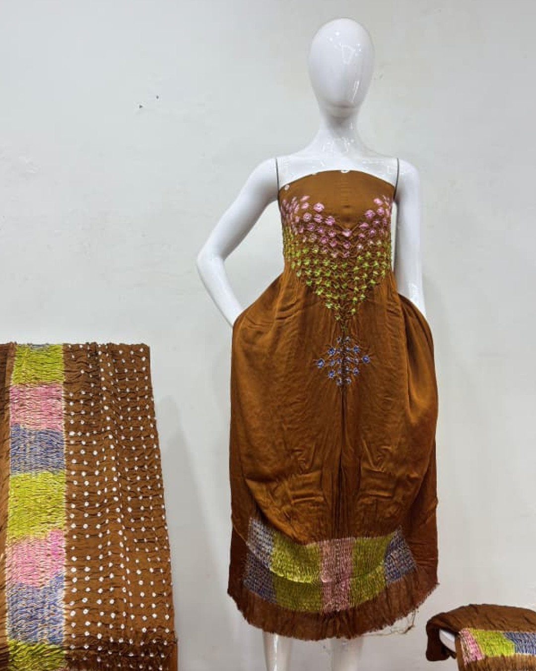 TAS Auto Crop Upper - Modal Silk Bandhani Multi Bandhej Neck Shibori Daman Suit 15
