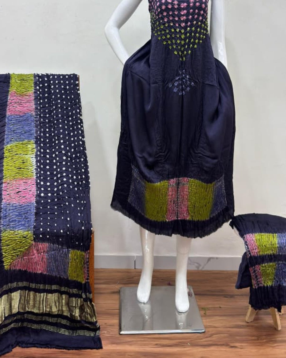 TAS Auto Crop Lower - Modal Silk Bandhani Multi Bandhej Neck Shibori Daman Suit 16