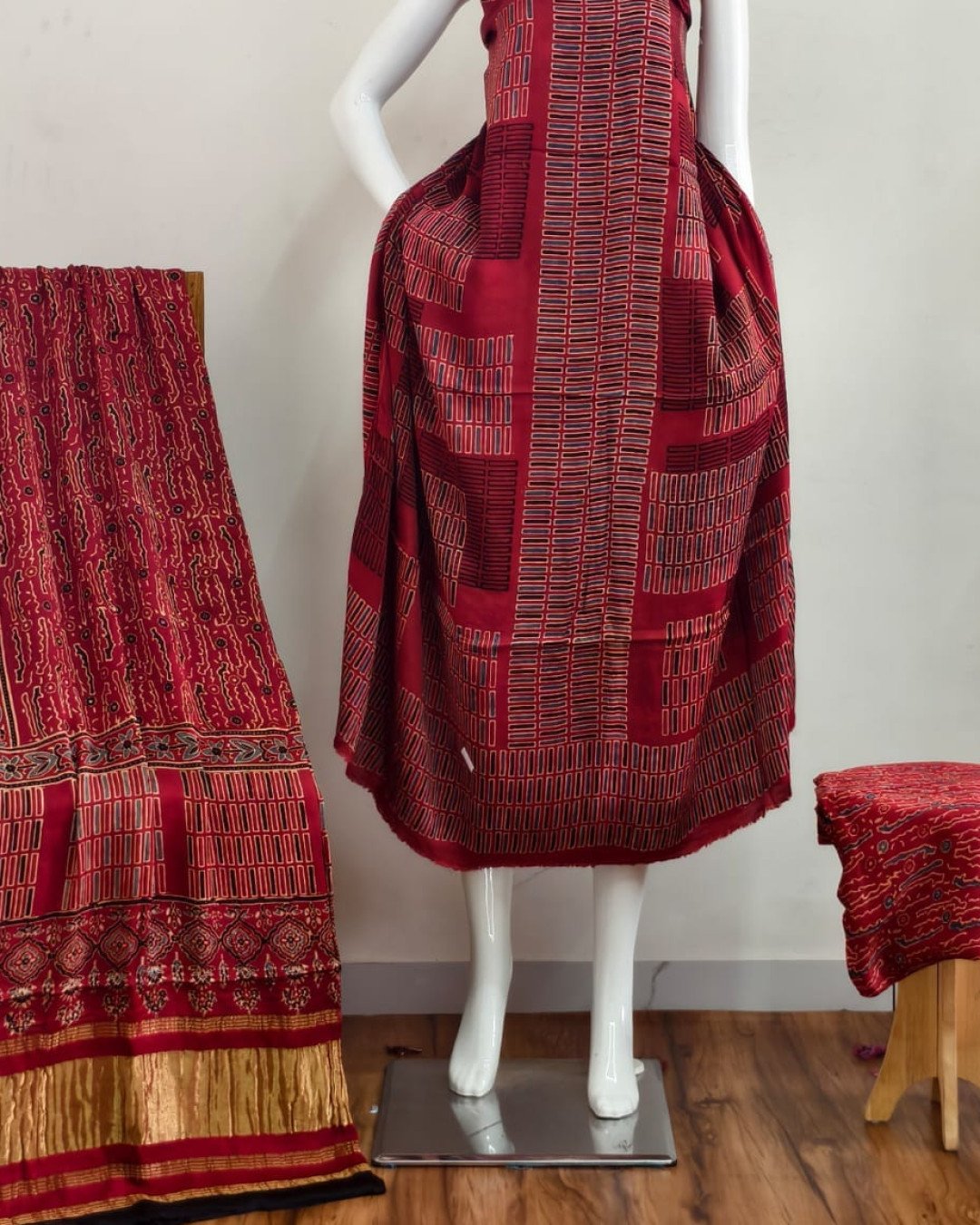TAS Auto Crop Lower - Havi Pure Modal Silk Ajrakh Natural Dye Zari Pallu Suit 03