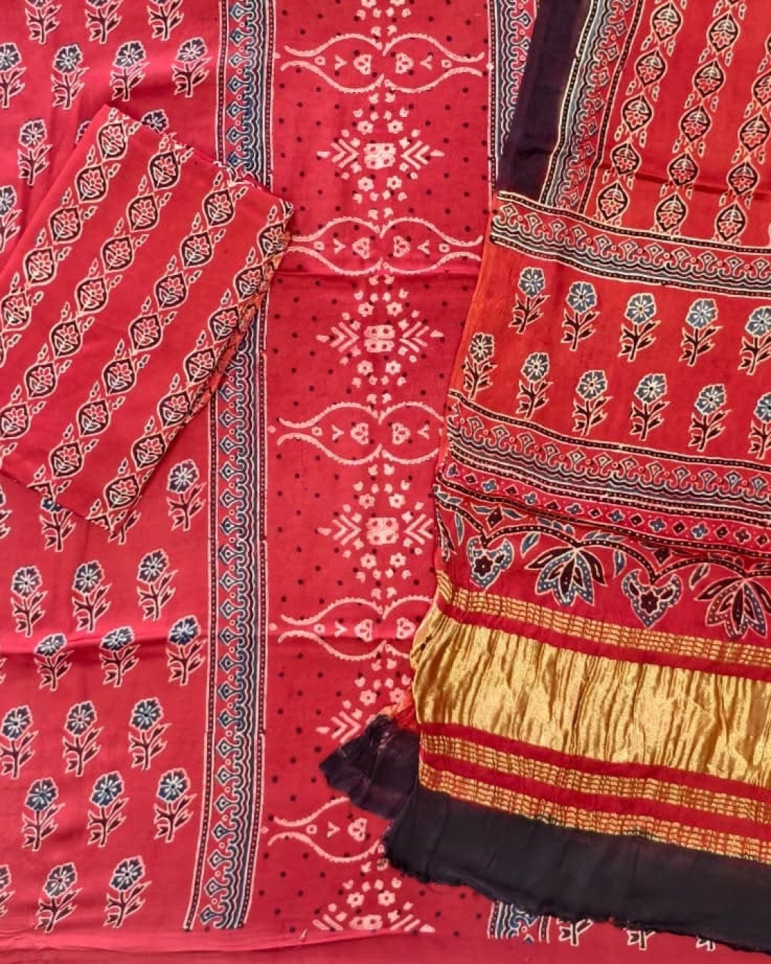 TAS Auto Crop Lower - Havi Pure Modal Silk Ajrakh Natural Dye Zari Pallu Suit 05