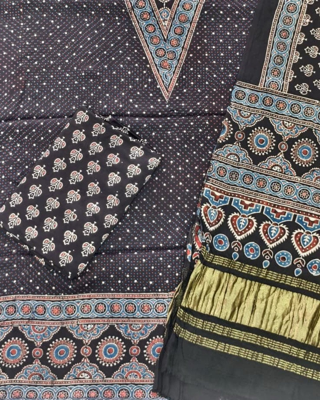 TAS Auto Crop Lower - Havi Pure Modal Silk Ajrakh Natural Dye Zari Pallu Suit 09