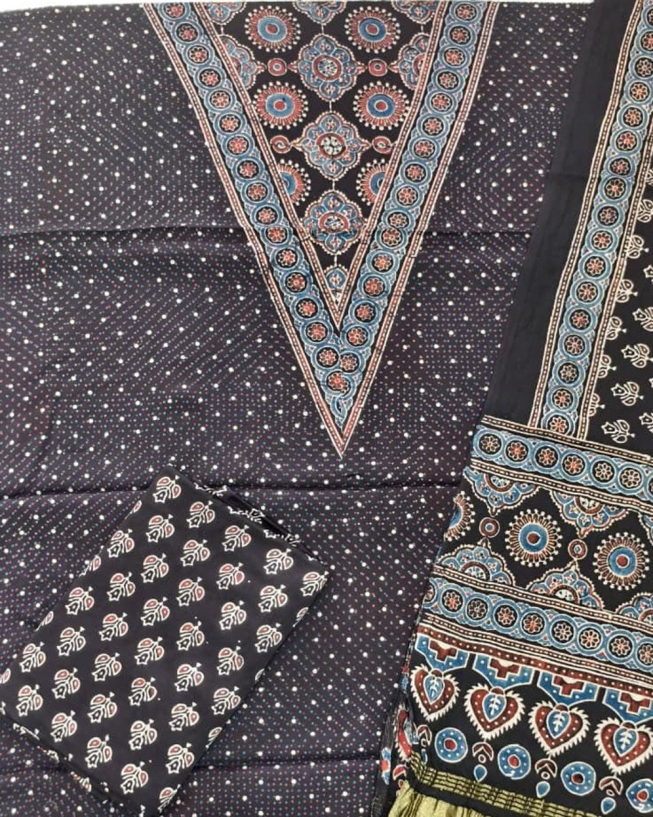 TAS Auto Crop Upper - Havi Pure Modal Silk Ajrakh Natural Dye Zari Pallu Suit 09