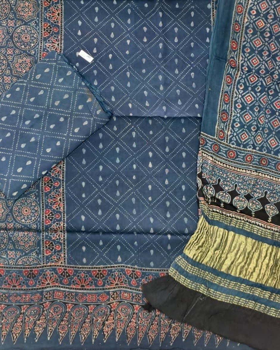 TAS Auto Crop Lower - Havi Pure Modal Silk Ajrakh Natural Dye Zari Pallu Suit 10