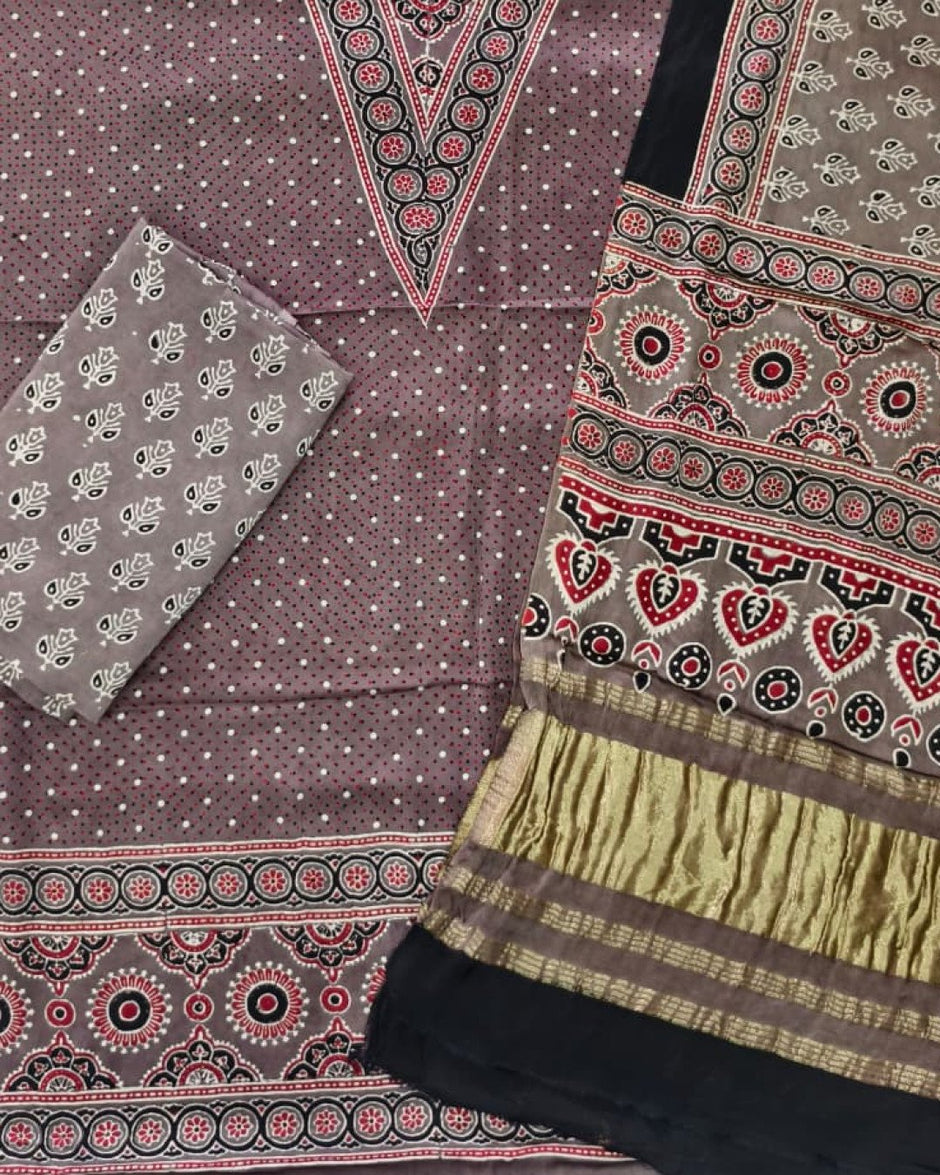 TAS Auto Crop Lower - Havi Pure Modal Silk Ajrakh Natural Dye Zari Pallu Suit 18