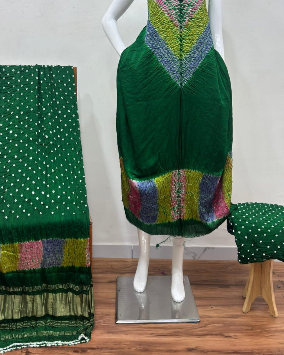 TAS Auto Crop Lower - Modal Silk Multi Shibori Neck Daman Patta Zari Pallu Suit 04