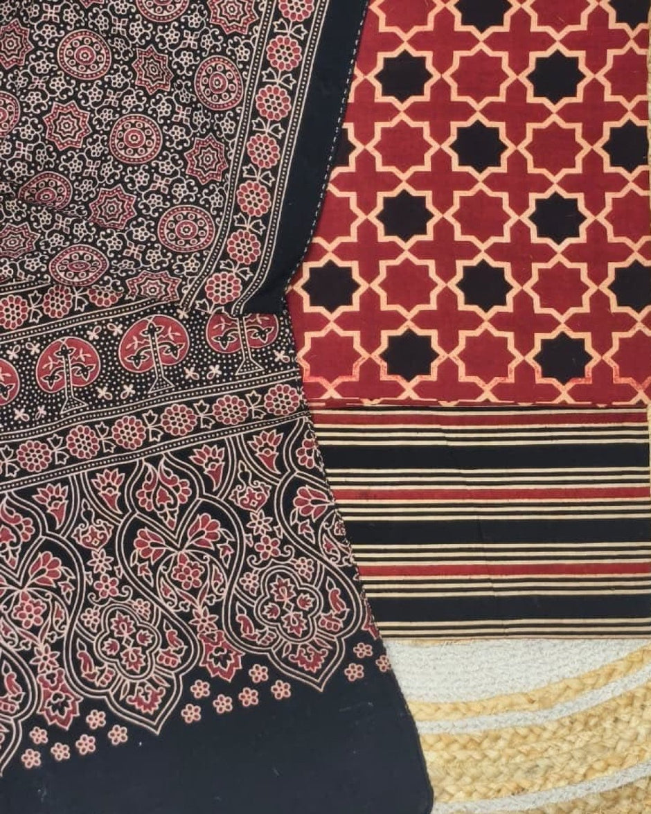 TAS Auto Crop Lower - Pure Cotton Ajrakh Screen Print Natural Dye 3-Piece Suit 01