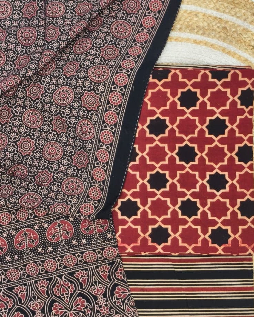 TAS Auto Crop Upper - Pure Cotton Ajrakh Screen Print Natural Dye 3-Piece Suit 01