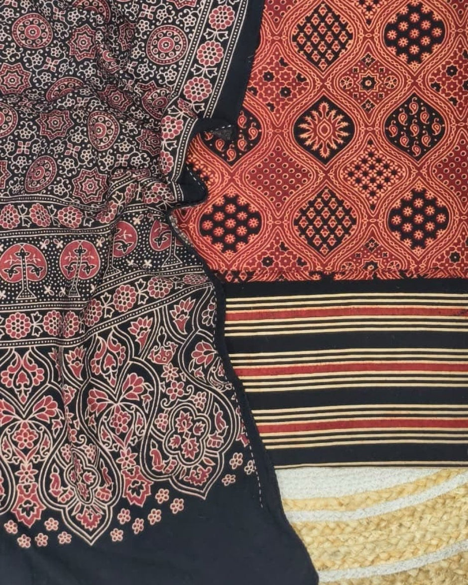 TAS Auto Crop Lower - Pure Cotton Ajrakh Screen Print Natural Dye 3-Piece Suit 02