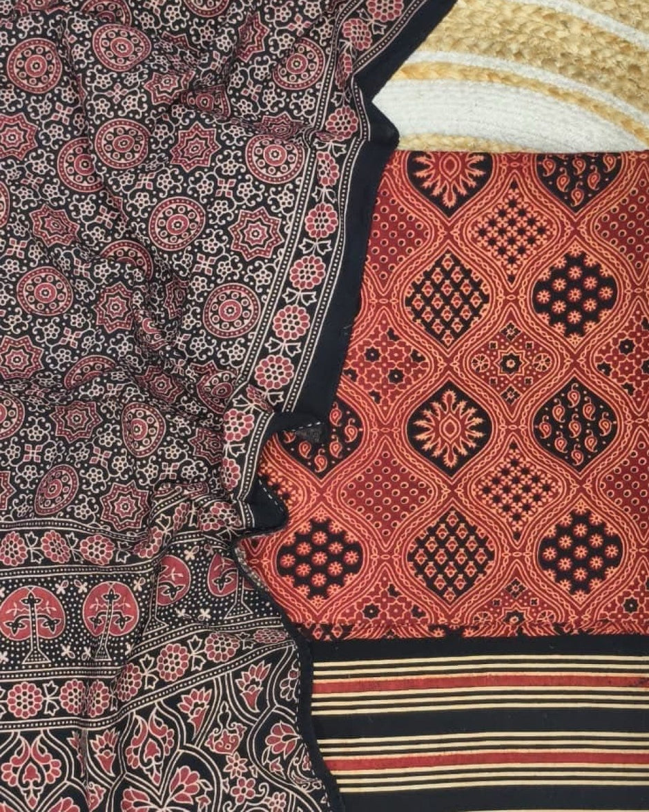 TAS Auto Crop Upper - Pure Cotton Ajrakh Screen Print Natural Dye 3-Piece Suit 02