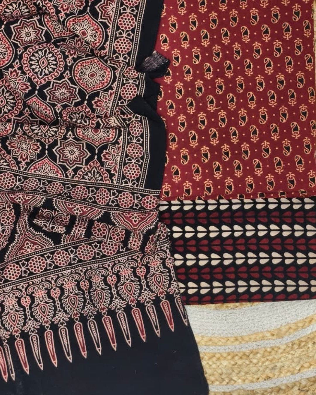 TAS Auto Crop Lower - Pure Cotton Ajrakh Screen Print Natural Dye 3-Piece Suit 04